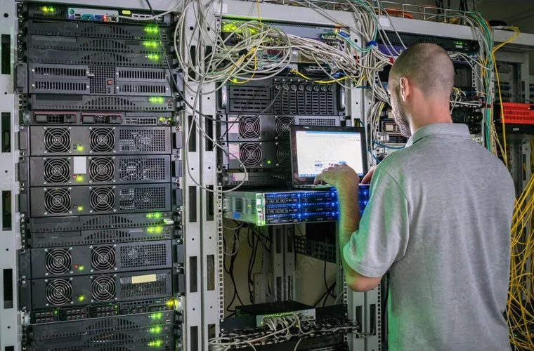 Technician working with server and network equipment.